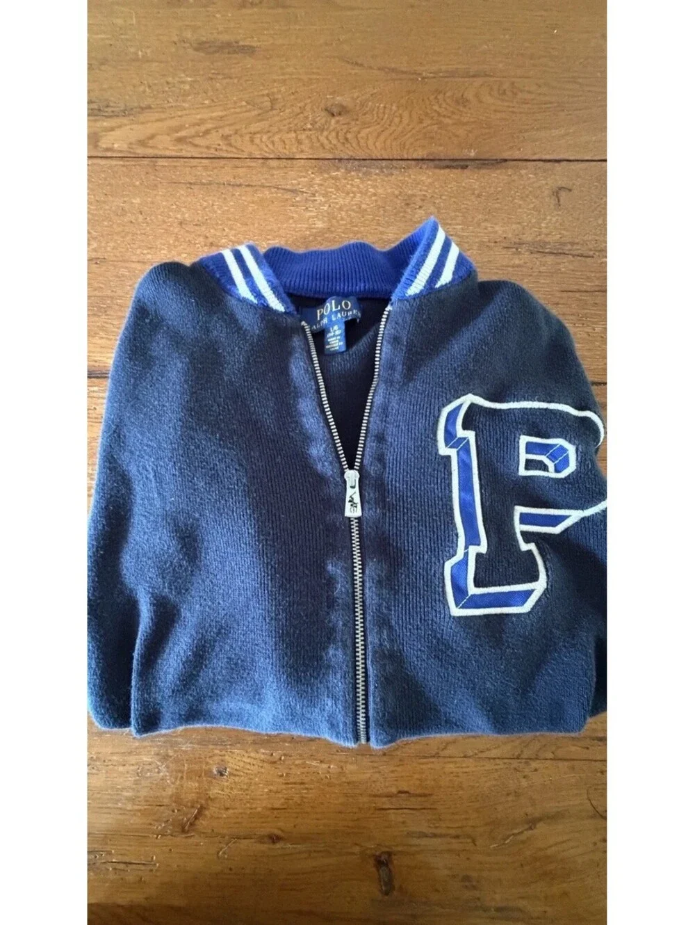 Polo Ralph Lauren Letterman Varsity Sweater Zip Stripe Cuffs Navy Blue  Sz 14/16